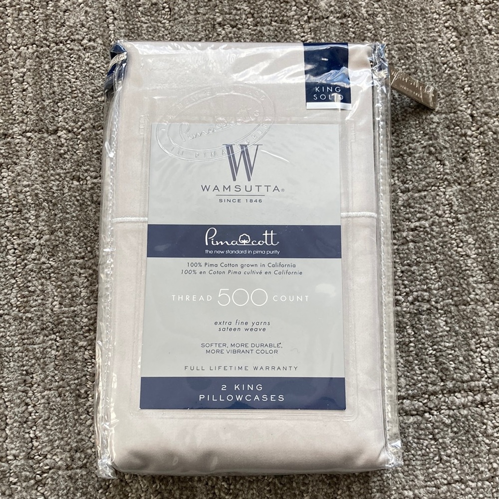Wamsutta 2 King Pillowcases - Solid Silver w/ Thread Accent